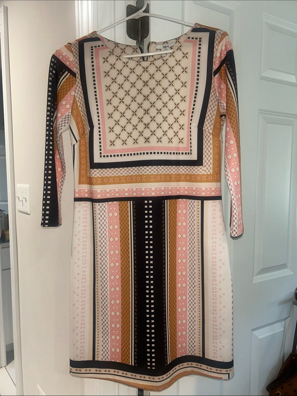 Bar III Long Sleeve Printed Shift Dress in Pink, Black & Cream